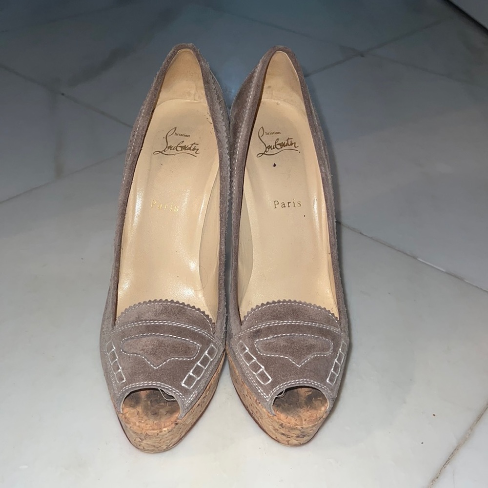 Beige suede with white stitching authentic Christian Louboutin wedge heels.